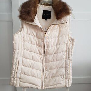 BNWT TALBOTS Faux Fur Collar Down Puffer Vest in ivory earthy camel collar (M)